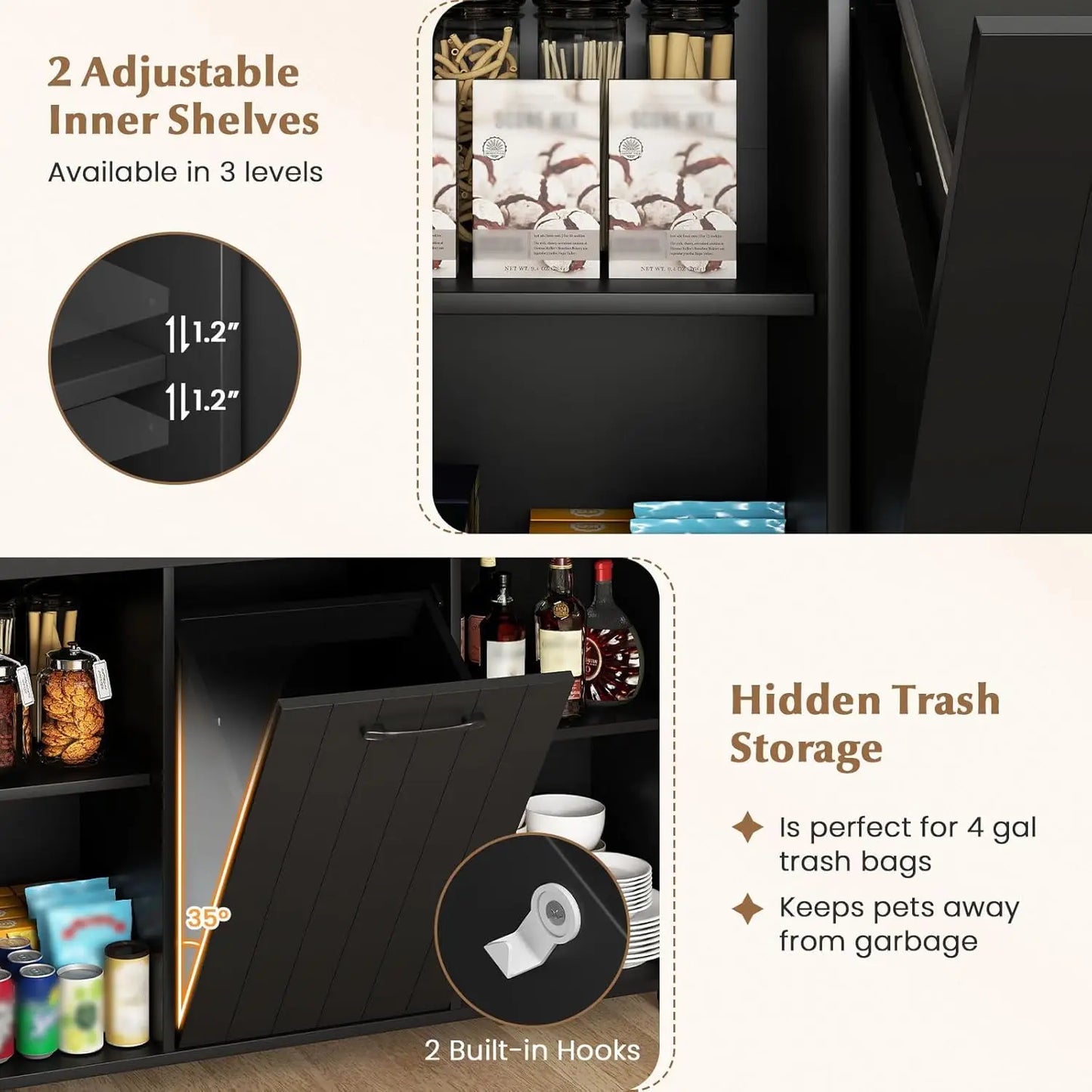 Kitchen Island with Trash Can Storage, Rolling Island Table with 2 Drawers & Cabinets Adjustable Shelves, Towel, Customized