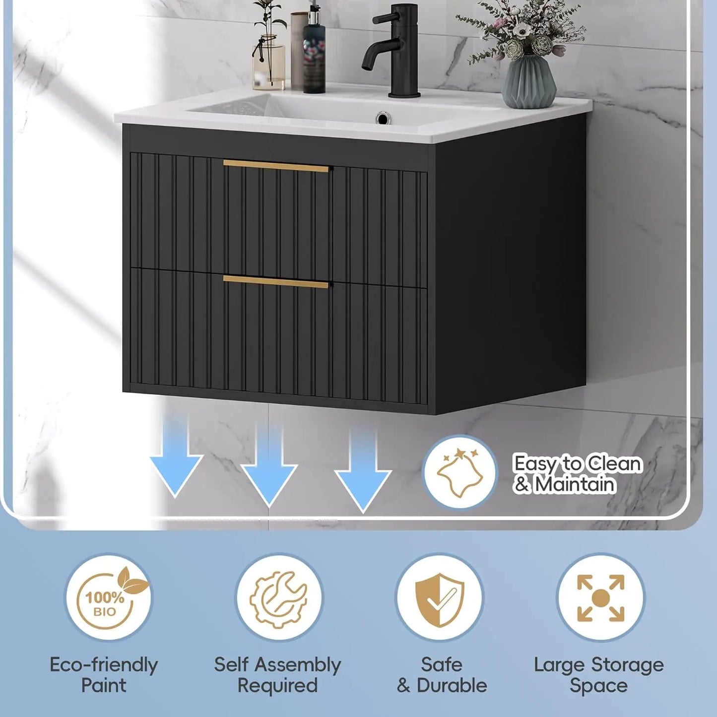 24'' Floating Bathroom Vanity Cabinet Sink Combo 2 Big Drawers Metal Handles Black, Customized