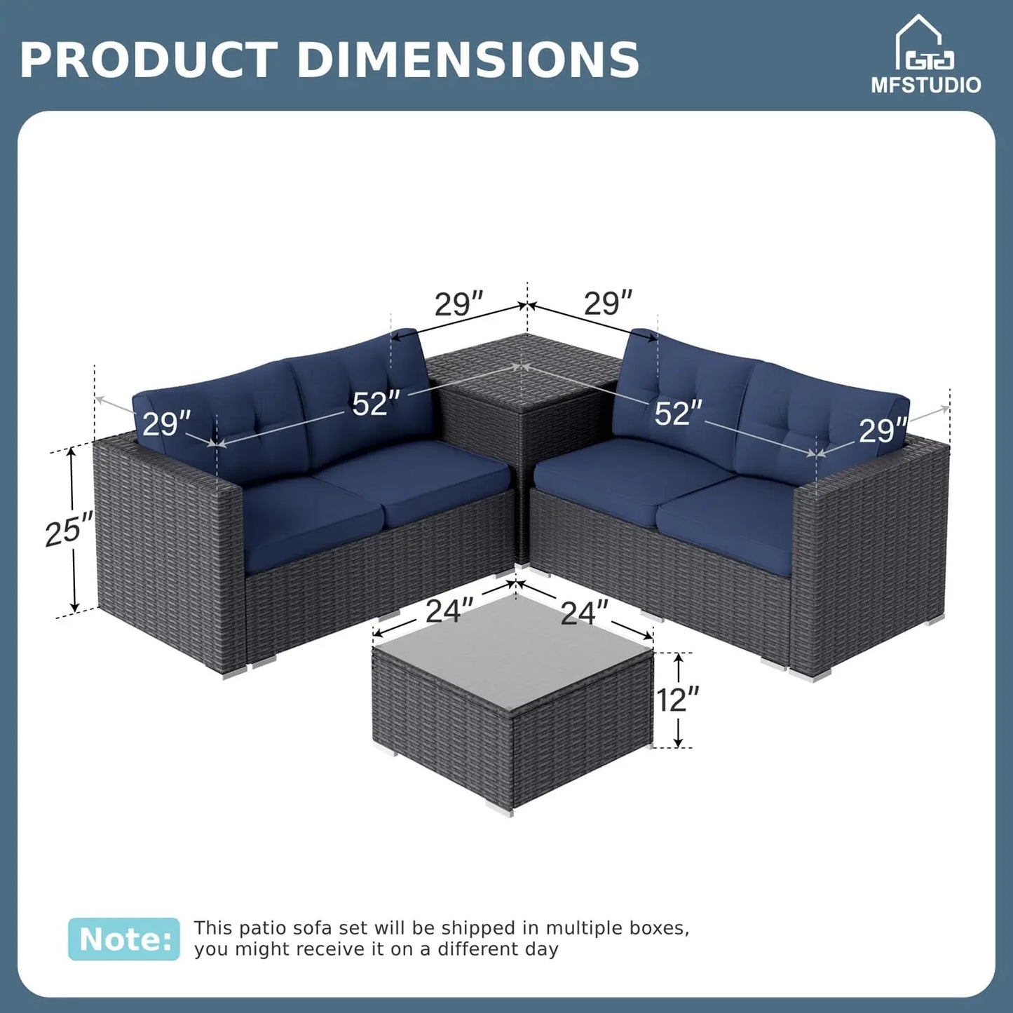 4 Piece Wicker Patio Furniture Set, L Shaped Small Rattan Patio Sectional Sofa Couch Outdoor Conversation Sets with, Customized
