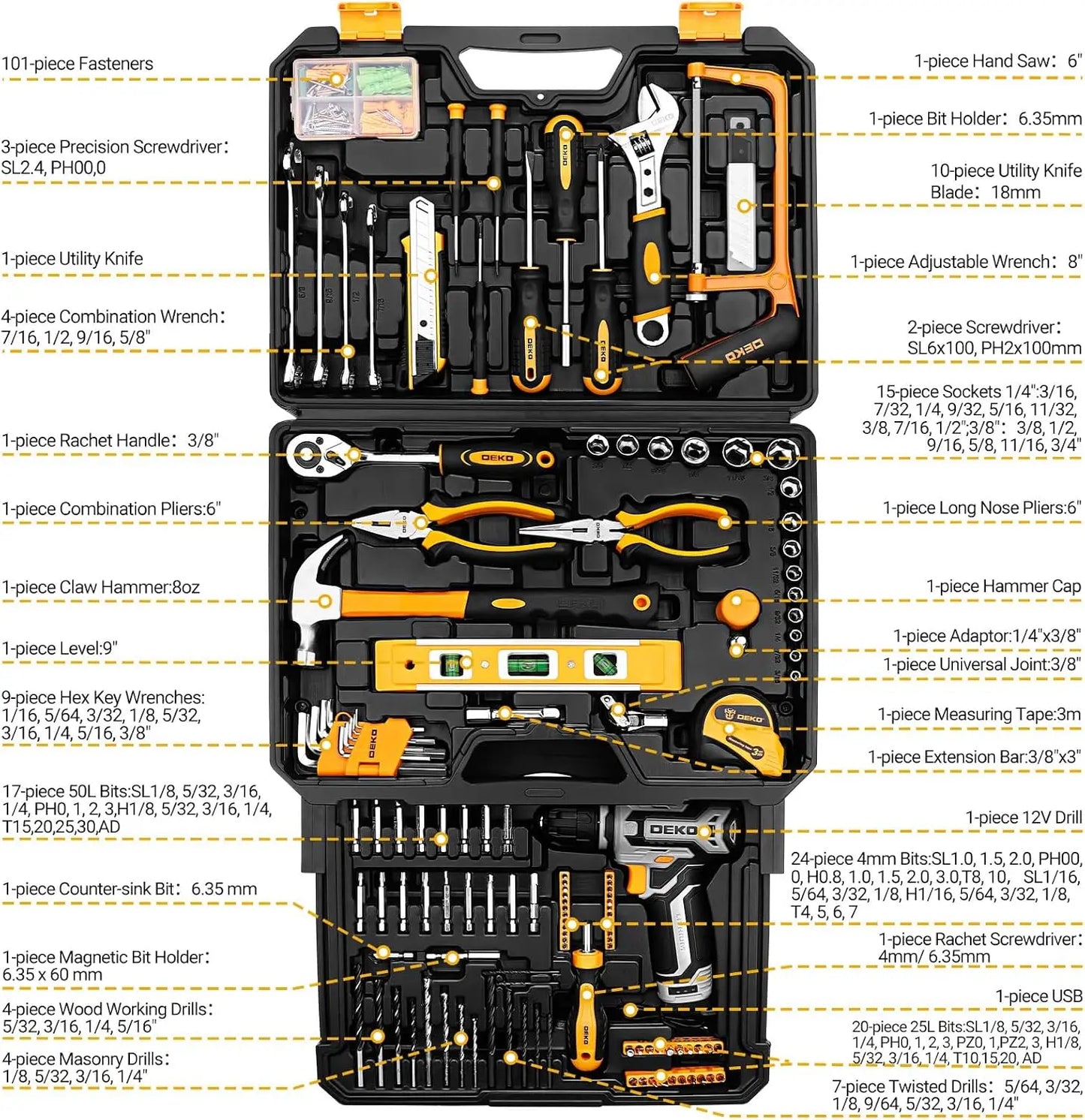 Home Mechanic Toolbox with 12V Power Cordless Drill Hand Repair Tools Sets Combo Kits Storage Organizer Drawer Case