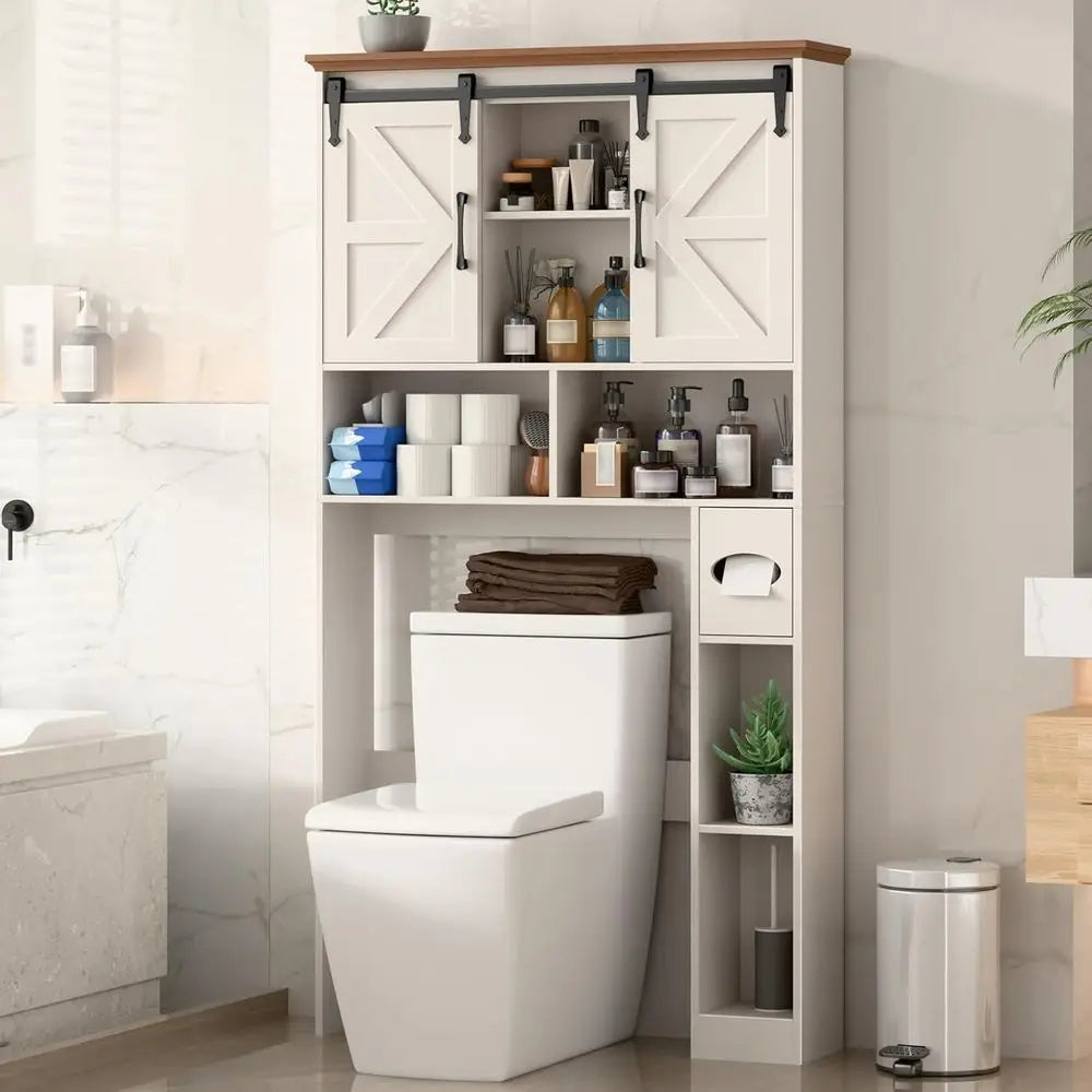 Space-Saving Toilet Storage Cabinet with Sliding Barn Doors, Bathroom Organizer featuring Toilet Paper Holder and Shelves for La