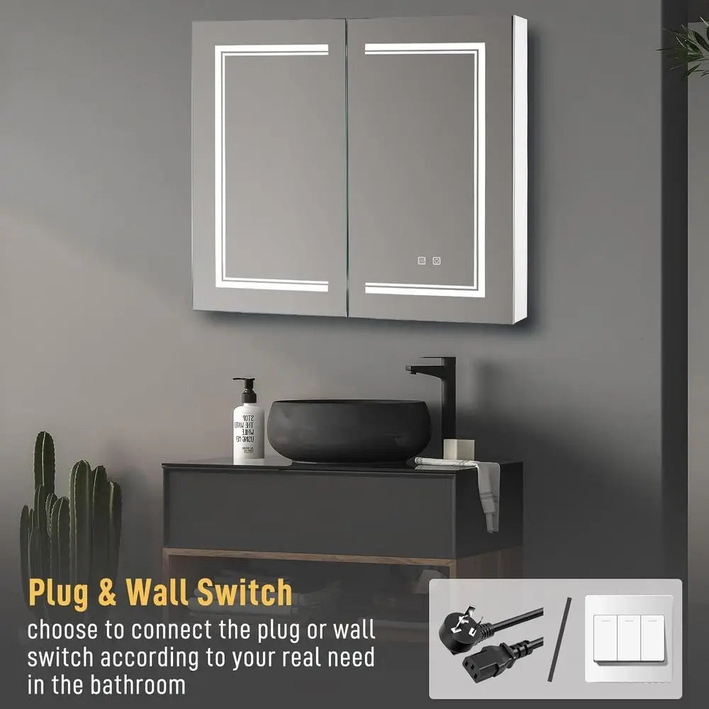 2-Door 32x28 LED-Illuminated Wall-Mounted Bathroom Cabinet with 3-Tier Storage, USB Charging, White