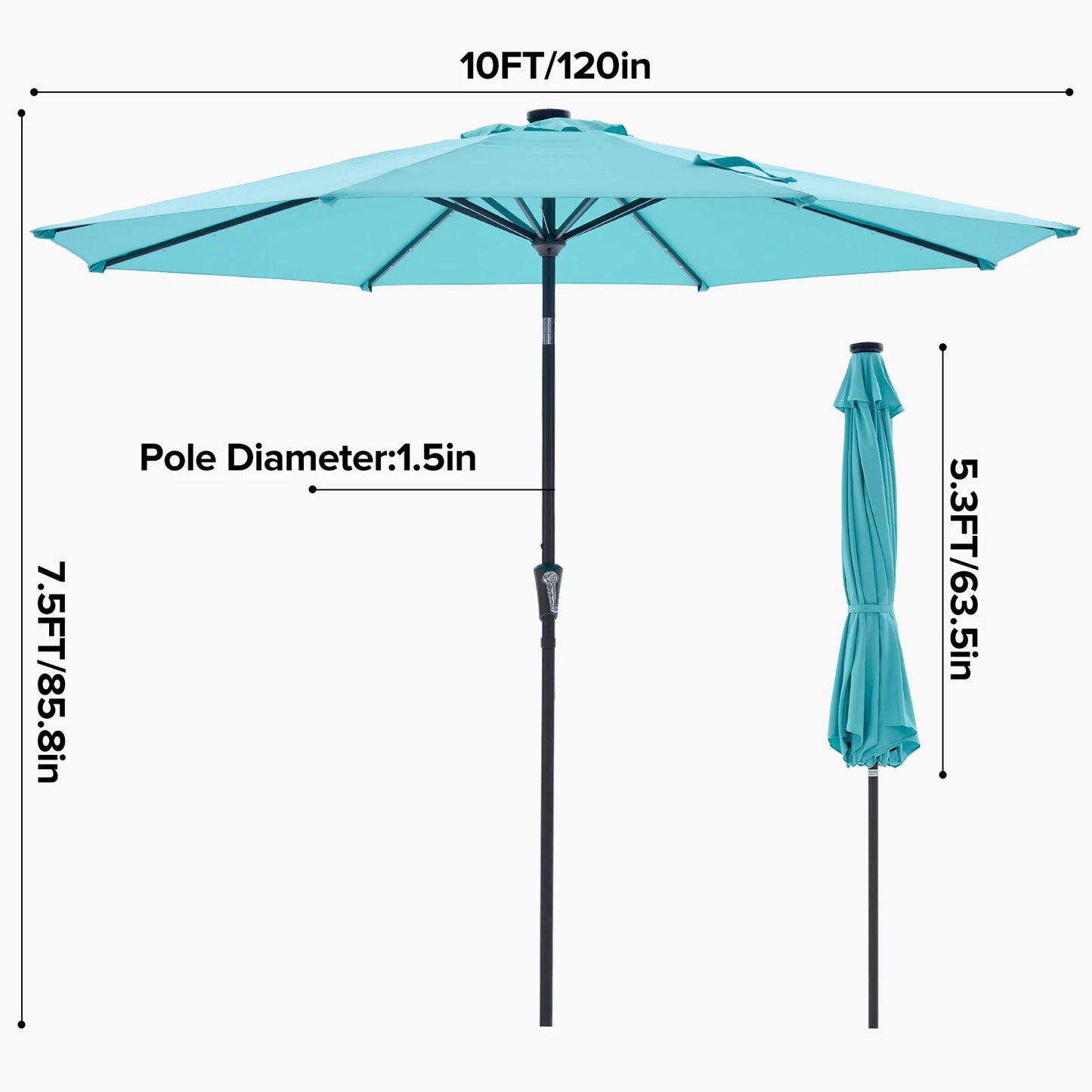 JHK 10FT with 32 LED Lights Solar Patio Umbrella UV-Resistant Outdoor Table Umbrella with Tilt and Crank for Outdoor Backyard Garden