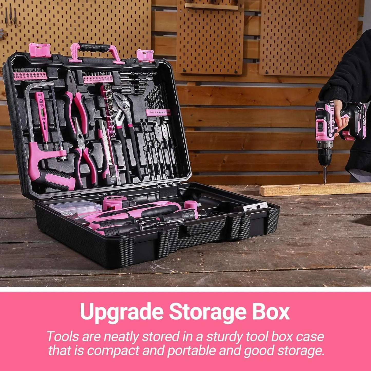 Pink Drill Tool Kit Set: 20V Cordless Power Drill Tool Box with Battery Electric Drill Driver