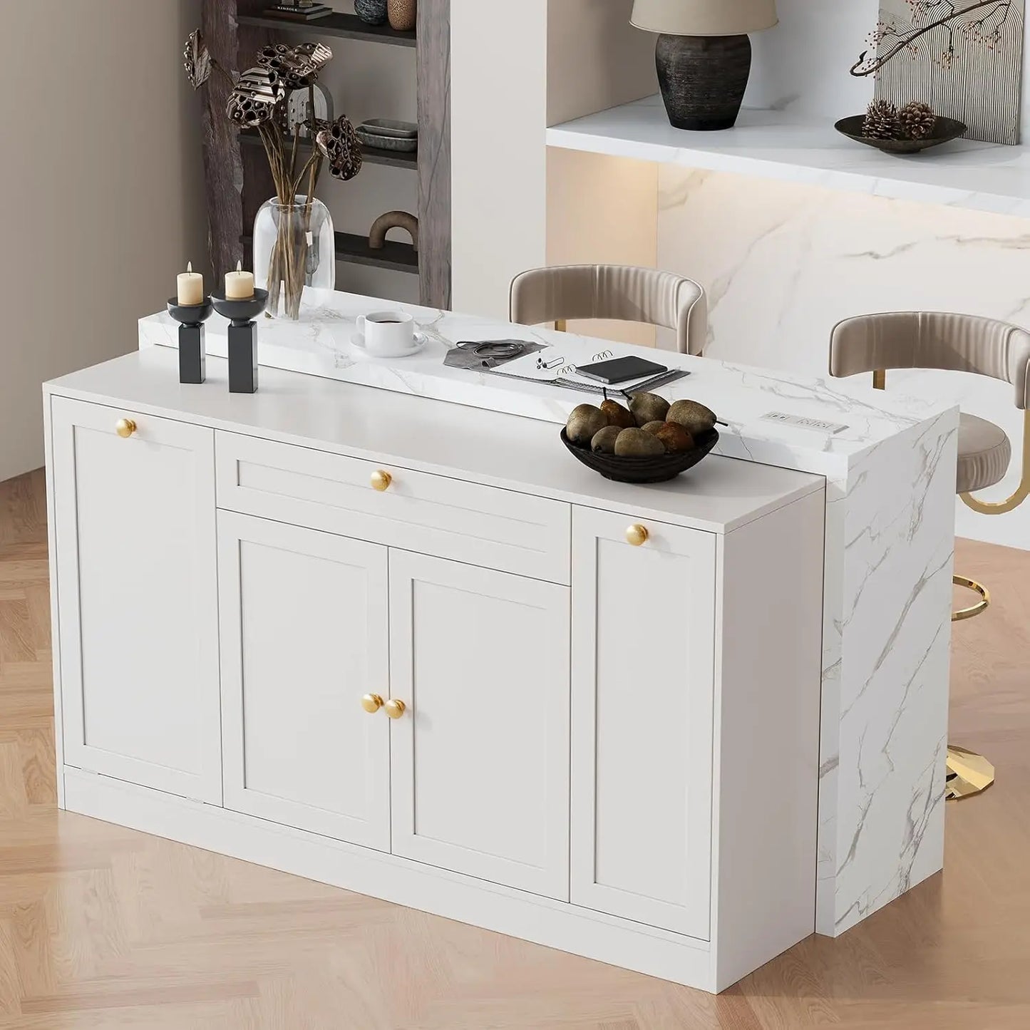 63" Kitchen Island with Storage, Island Table with Power Outlet & Trash Cabinet, Kitchen Island with Marble Countertop, Custom