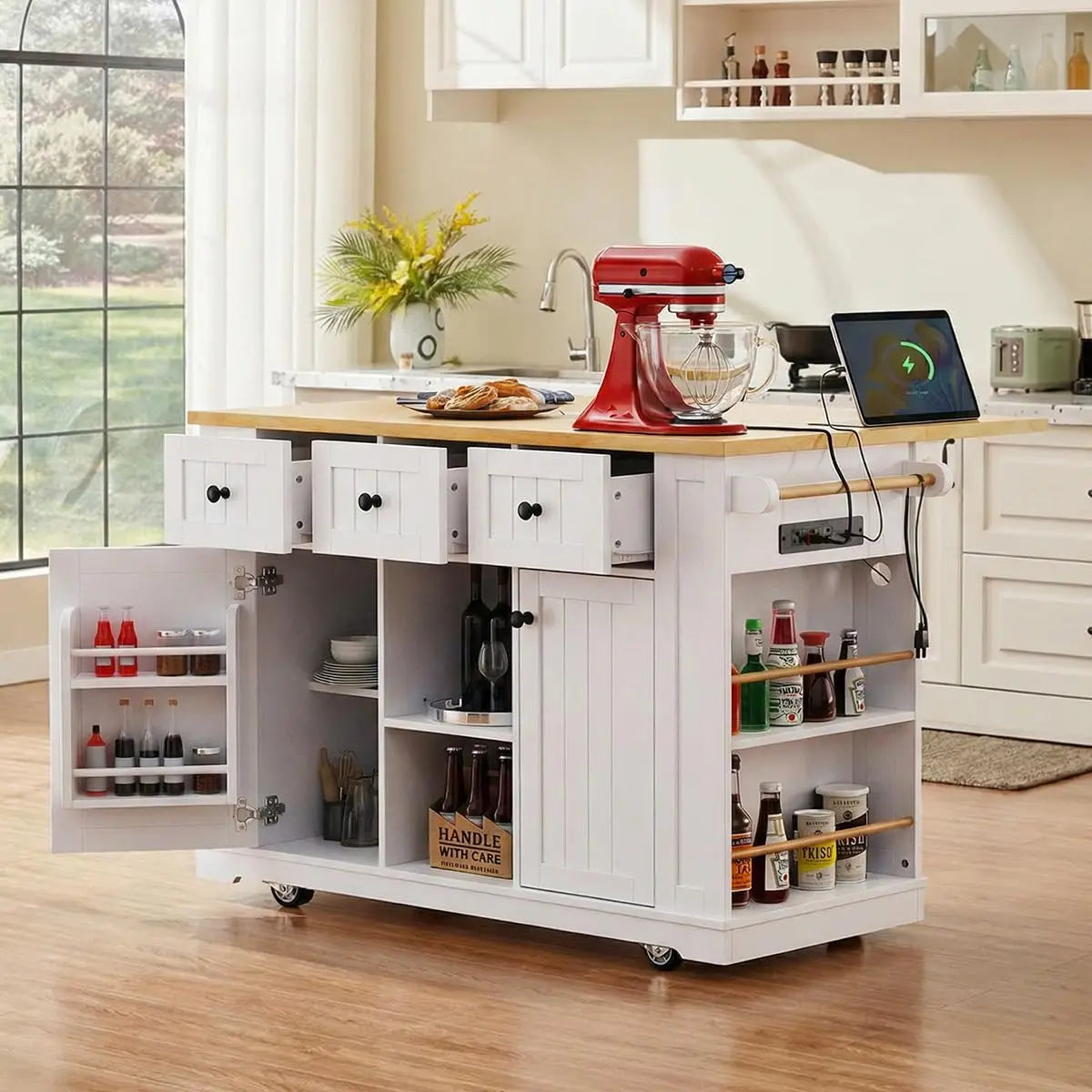 Mobile Rolling Kitchen Island Drop Leaf Storage Cabinets Power Outlet Seating 2 Bar Stools Large Table, Customized