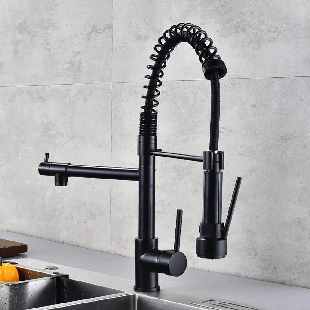Black Brushed Spring Pull Down Kitchen Sink Faucet Hot & Cold Water Mixer Crane Tap with Dual Spout Deck Mounted