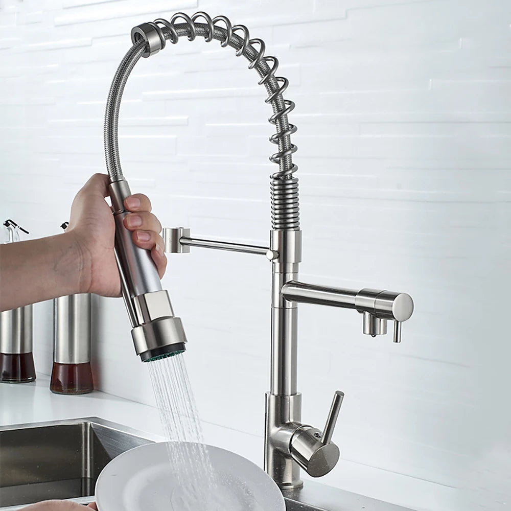 Black Brushed Spring Pull Down Kitchen Sink Faucet Hot & Cold Water Mixer Crane Tap with Dual Spout Deck Mounted