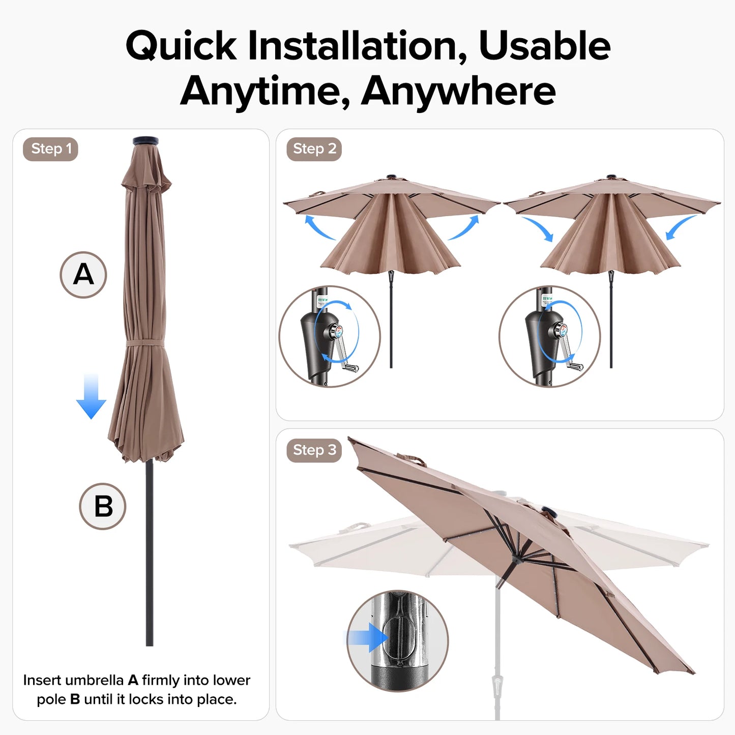JHK 10FT with 32 LED Lights Solar Patio Umbrella UV-Resistant Outdoor Table Umbrella with Tilt and Crank for Outdoor Backyard Garden