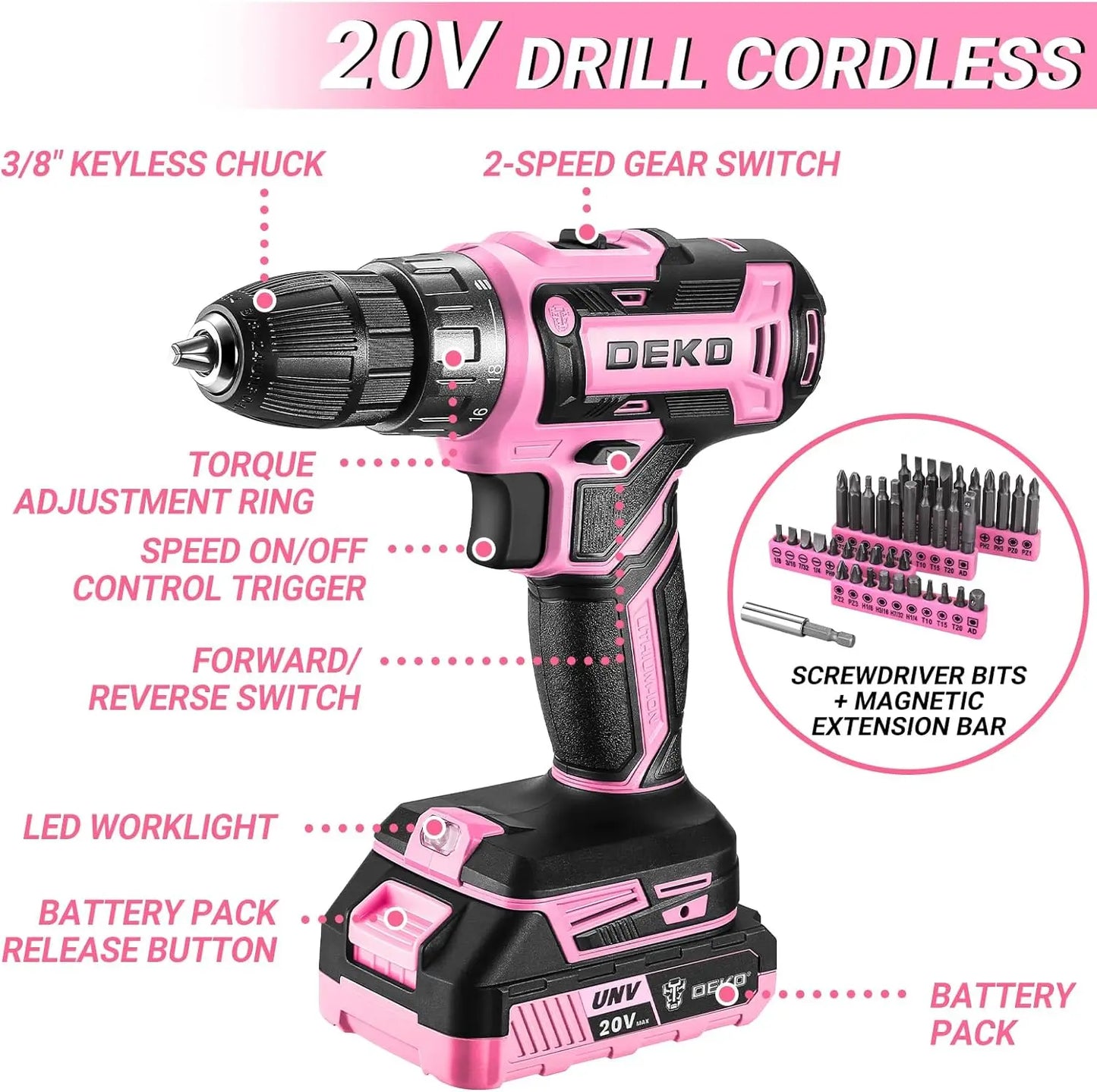 Pink Drill Tool Kit Set: 20V Cordless Power Drill Tool Box with Battery Electric Drill Driver