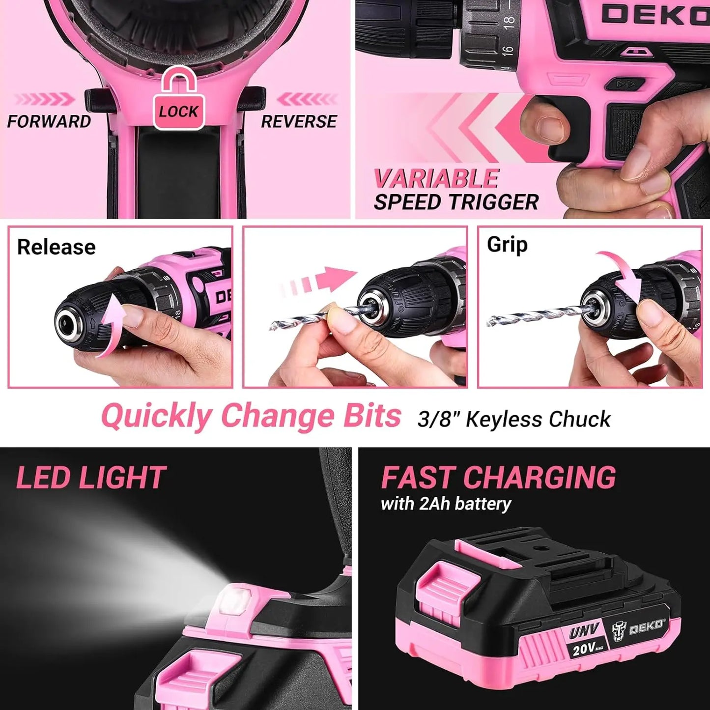 Pink Drill Tool Kit Set: 20V Cordless Power Drill Tool Box with Battery Electric Drill Driver