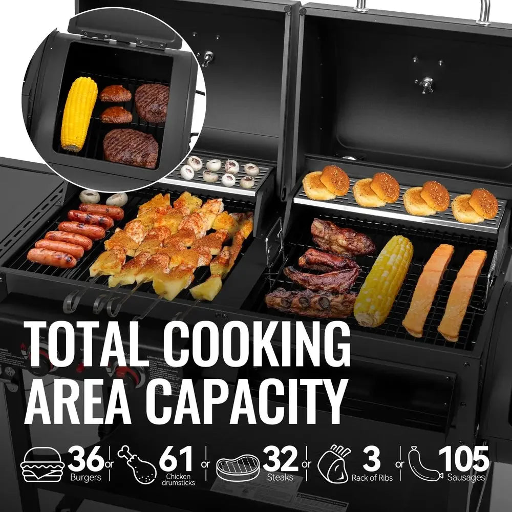 Gas and Charcoal Grill Combo with Offset Smoker amp Side Burner, 34,000 BTU Dual Fuel Grill, 1020 Sq. In. Cooking Area, Ideal f