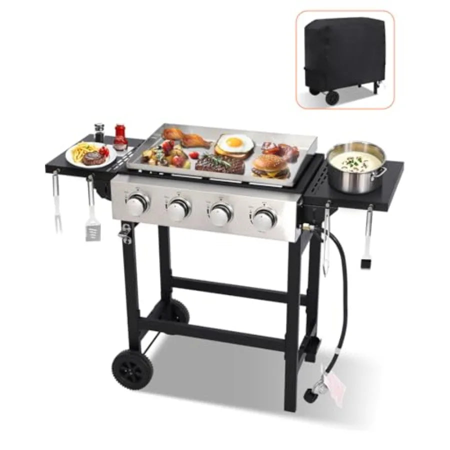 4-Burner Propane Gas Griddle with Foldable Side Tables and Wheels 40 000 BTUs 291 sq.in Cooking Area Outdoor Flat Top Grill for