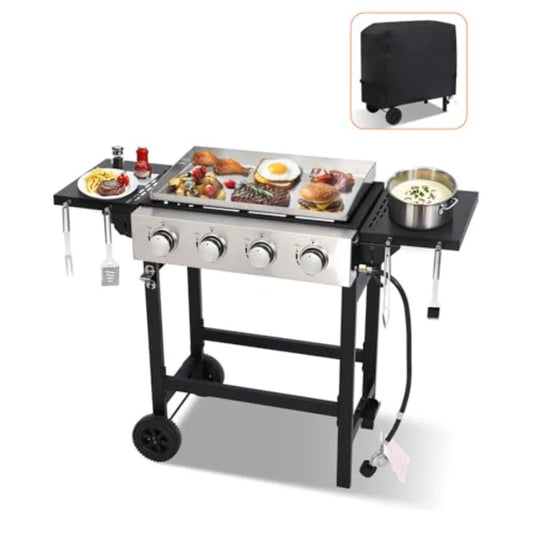 4-Burner Propane Gas Griddle with Foldable Side Tables and Wheels 40 000 BTUs 291 sq.in Cooking Area Outdoor Flat Top Grill for