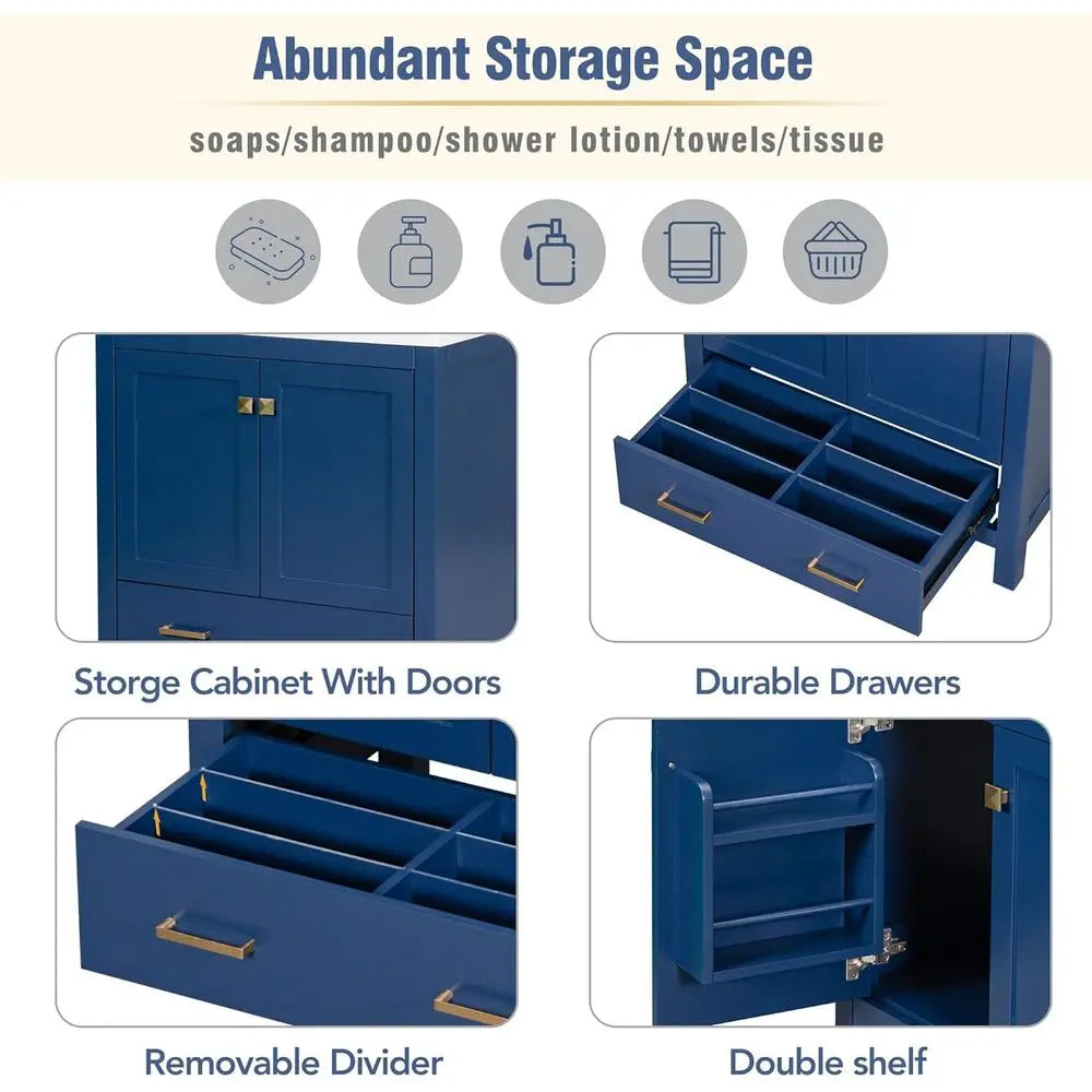 30 Solid Wood Blue Bathroom Vanity with Single Sink, Undermount Combo Cabinet, 2 Doors, Soft Close, Multifunctional Storage