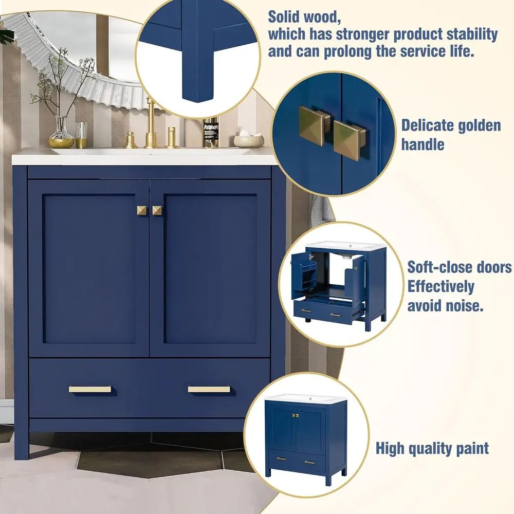 30 Solid Wood Blue Bathroom Vanity with Single Sink, Undermount Combo Cabinet, 2 Doors, Soft Close, Multifunctional Storage