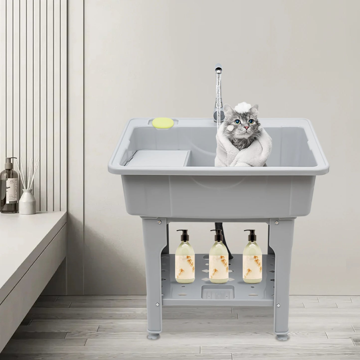 Upgraded 70kg Capacity Laundry Sink, 360° Rotatable Hot/Cold Faucet & Movable Board, Freestanding Plastic Utility Tub
