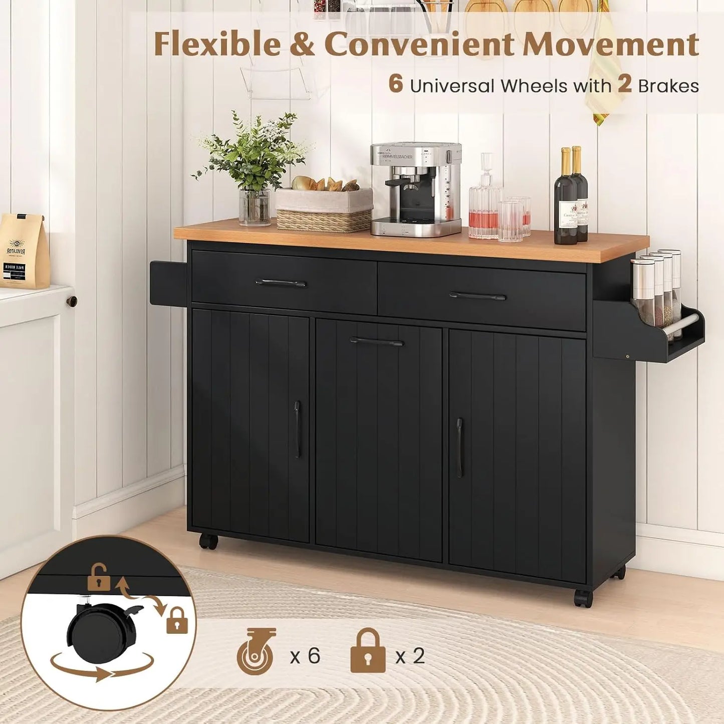 Kitchen Island with Trash Can Storage, Rolling Island Table with 2 Drawers & Cabinets Adjustable Shelves, Towel, Customized