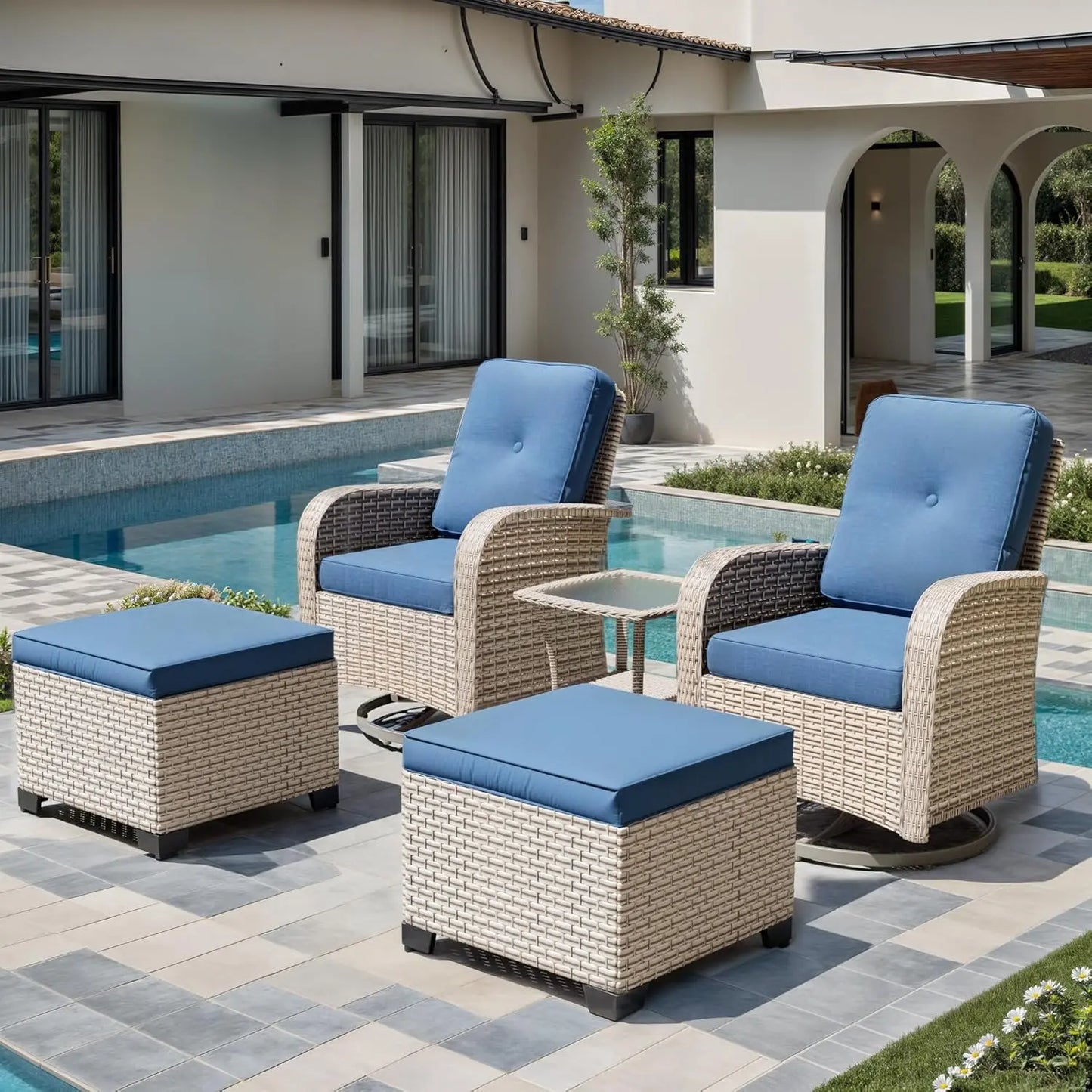 5 Pieces Patio Furniture Set with 2 Ottomans, Outdoor Swivel Glider Rocker Chairs with Rattan Side Table, Wicker, Customized