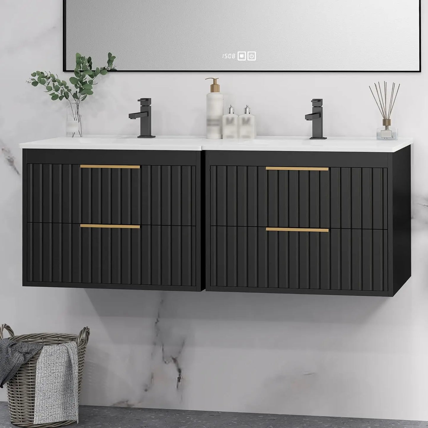 24'' Floating Bathroom Vanity Cabinet Sink Combo 2 Big Drawers Metal Handles Black, Customized