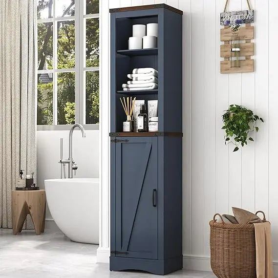 68 Tall Farmhouse Bathroom Storage Cabinet, 5-Shelf Storage Cabinet with Barn Door&Adjustable Shelves, Navy Blue