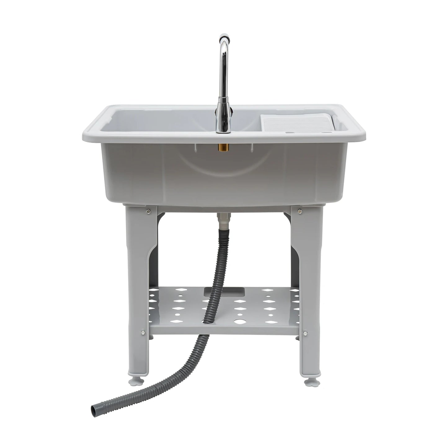 Upgraded 70kg Capacity Laundry Sink, 360° Rotatable Hot/Cold Faucet & Movable Board, Freestanding Plastic Utility Tub