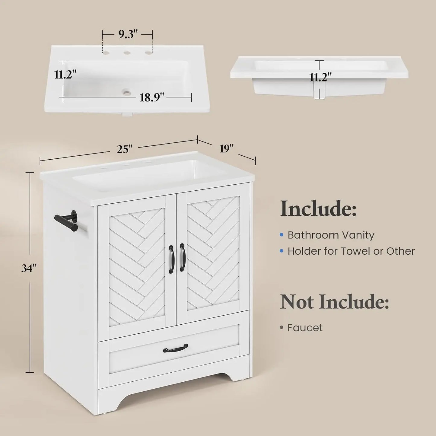 25" Modern Bathroom Vanity with Sink, Free Standing Bathroom Cabinet with 2 Doors Storage and 1 Drawer, Undermount, Customized