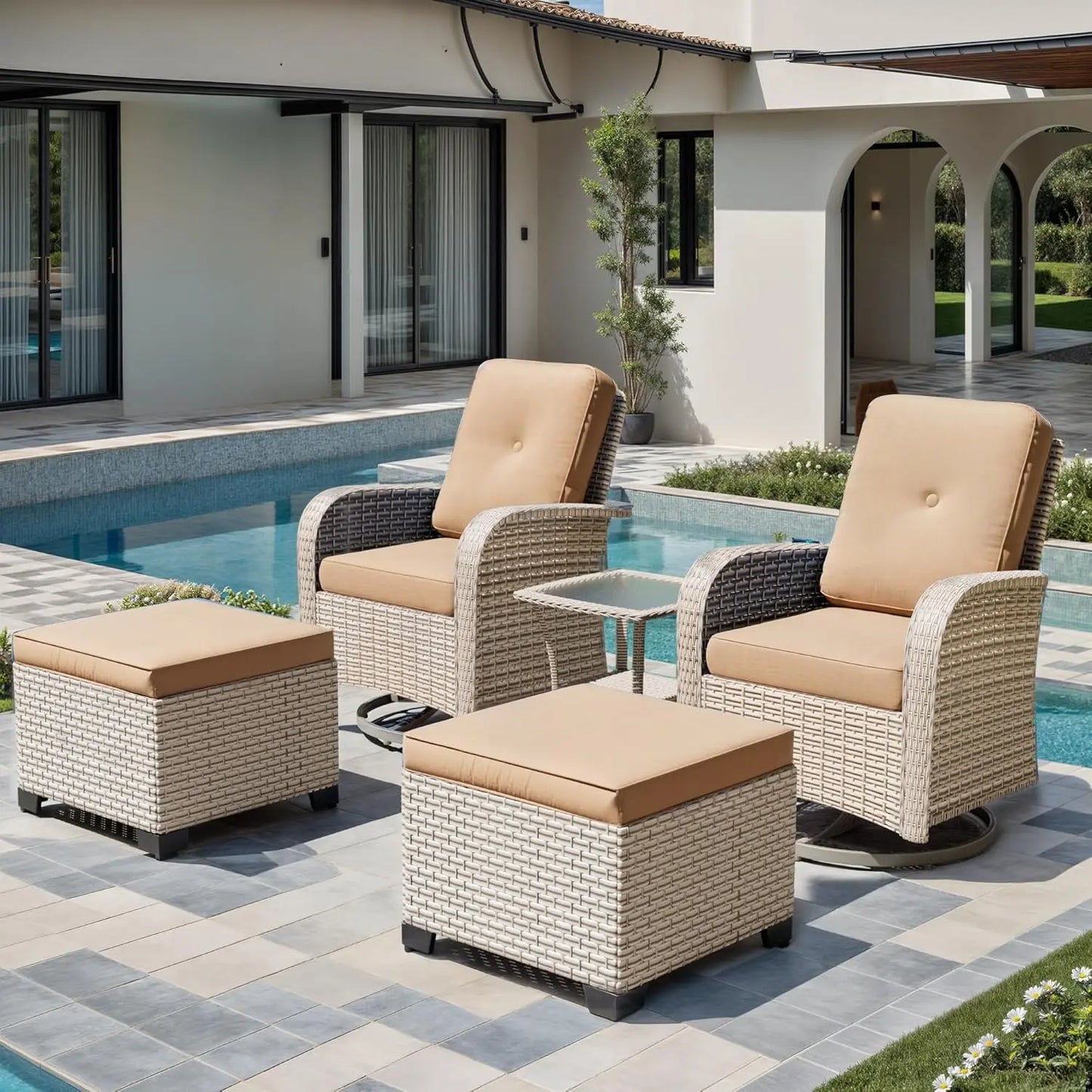 5 Pieces Patio Furniture Set with 2 Ottomans, Outdoor Swivel Glider Rocker Chairs with Rattan Side Table, Wicker, Customized