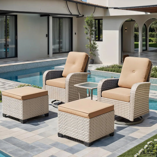 5 Pieces Patio Furniture Set with 2 Ottomans, Outdoor Swivel Glider Rocker Chairs with Rattan Side Table, Wicker, Customized