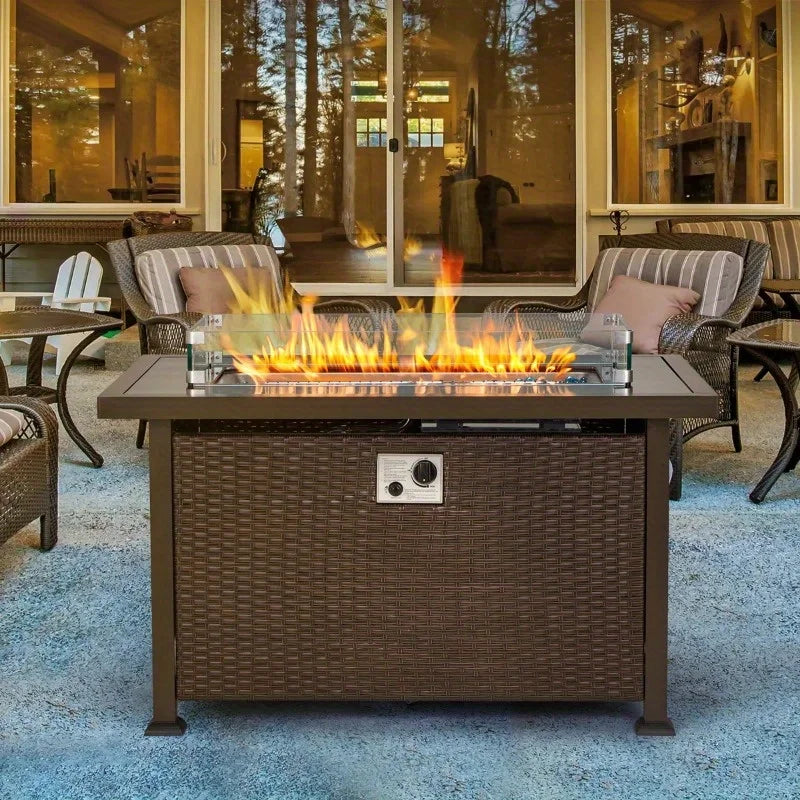 EROMMY 44in Outdoor Propane Gas Fire Pit Table - 50, 000 BTU Auto-Ignition, Glass Wind Guard, Brown PE Rattan