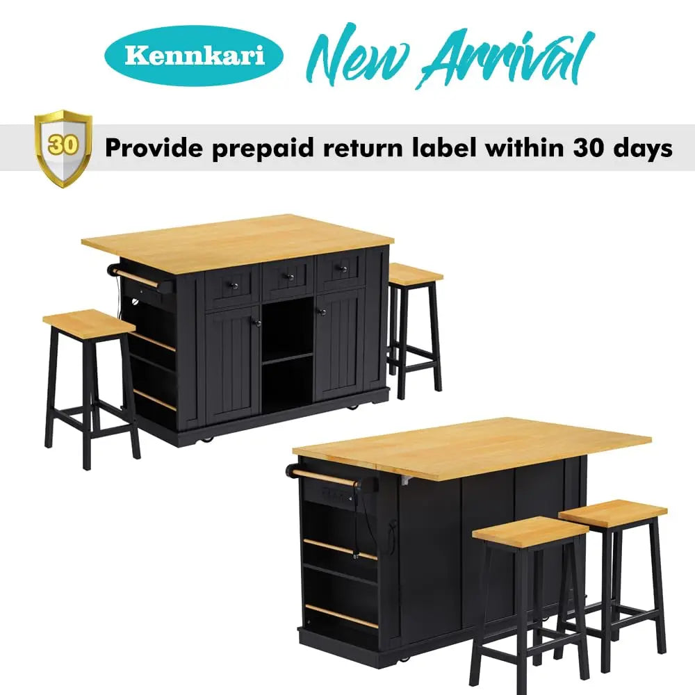 Mobile Rolling Kitchen Island Drop Leaf Storage Cabinets Power Outlet Seating 2 Bar Stools Large Table, Customized