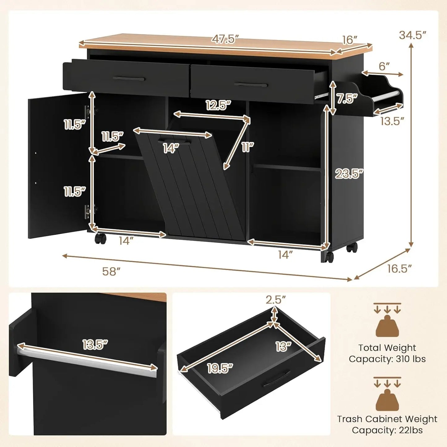 Kitchen Island with Trash Can Storage, Rolling Island Table with 2 Drawers & Cabinets Adjustable Shelves, Towel, Customized