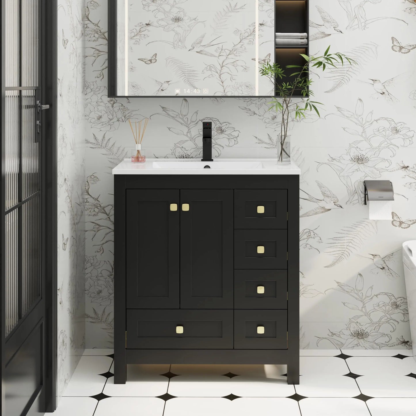 30" Bathroom Vanities with Sink Combo, Modern Thickened Wood Bathroom Storage Cabinet W/Undermount Sink,Matte Black Faucet Drain