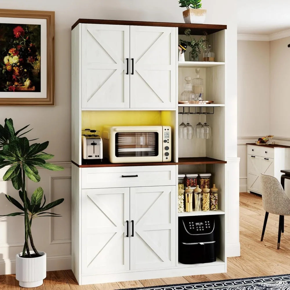 71 Farmhouse Kitchen Pantry Cabinet with Hutch & Charging Station - 41.34 Wide Storage with Microwave Stand, Door Spice Racks fo