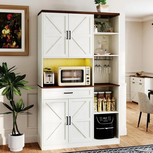 71 Farmhouse Kitchen Pantry Cabinet with Hutch & Charging Station - 41.34 Wide Storage with Microwave Stand, Door Spice Racks fo