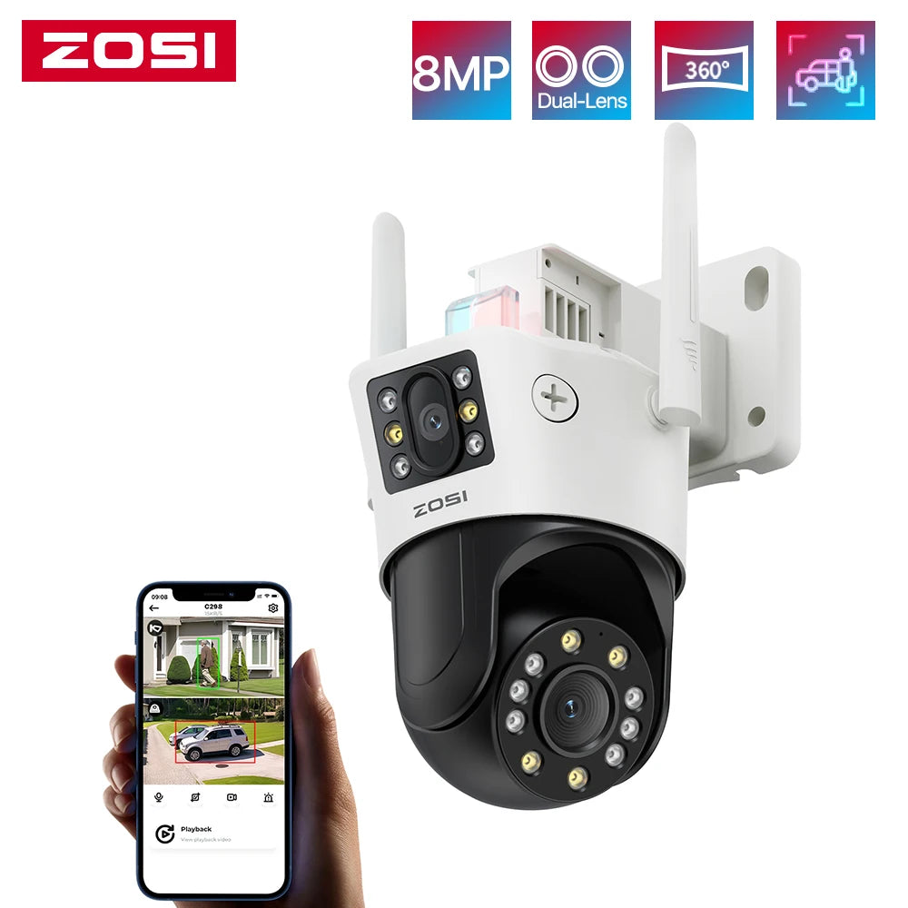 ZOSI C298 4K 8MP Dual-Lens(2x4MP) Wired WiFi PTZ Security Camera Outdoor with Wide Angle 8X Hybrid Zoom 360 Surveillane Cam