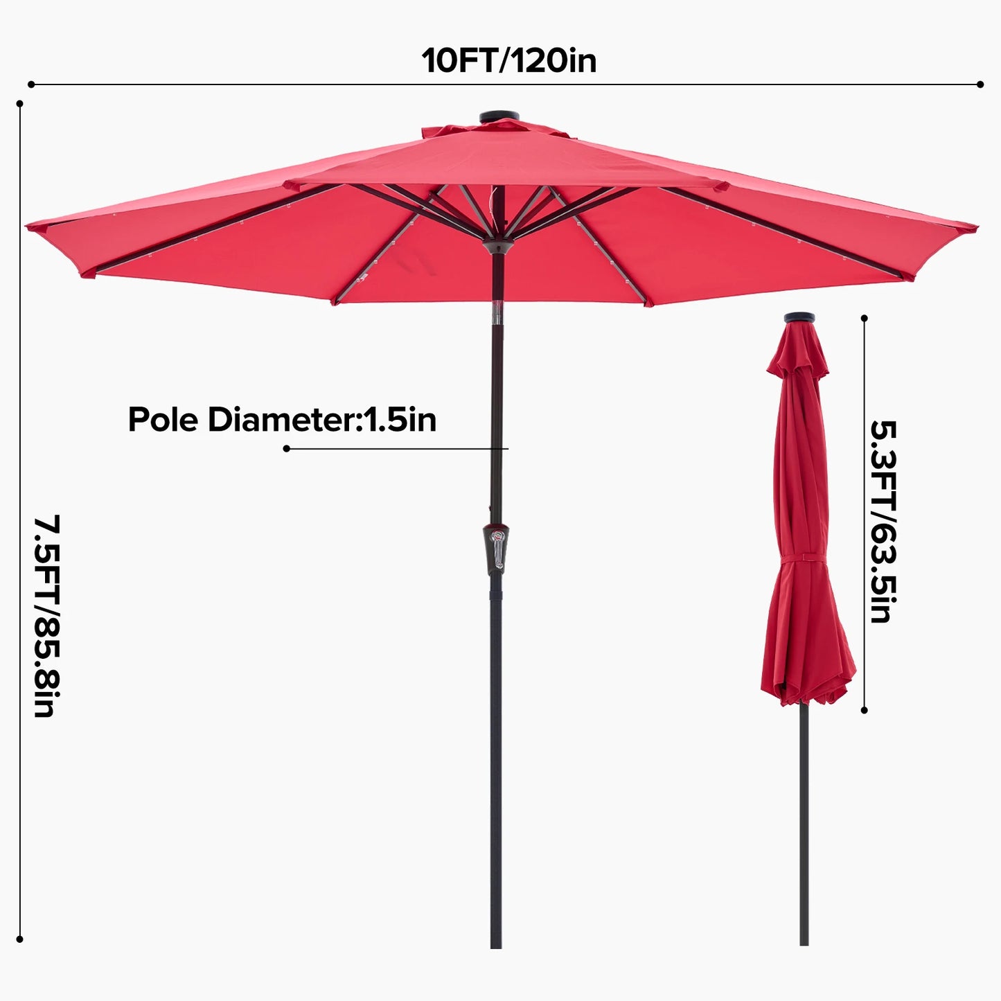 JHK 10FT with 32 LED Lights Solar Patio Umbrella UV-Resistant Outdoor Table Umbrella with Tilt and Crank for Outdoor Backyard Garden