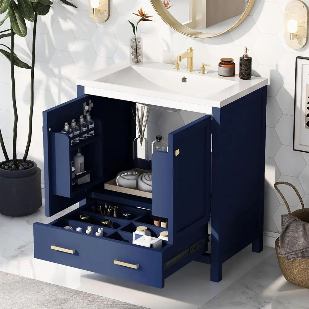 30 Solid Wood Blue Bathroom Vanity with Single Sink, Undermount Combo Cabinet, 2 Doors, Soft Close, Multifunctional Storage