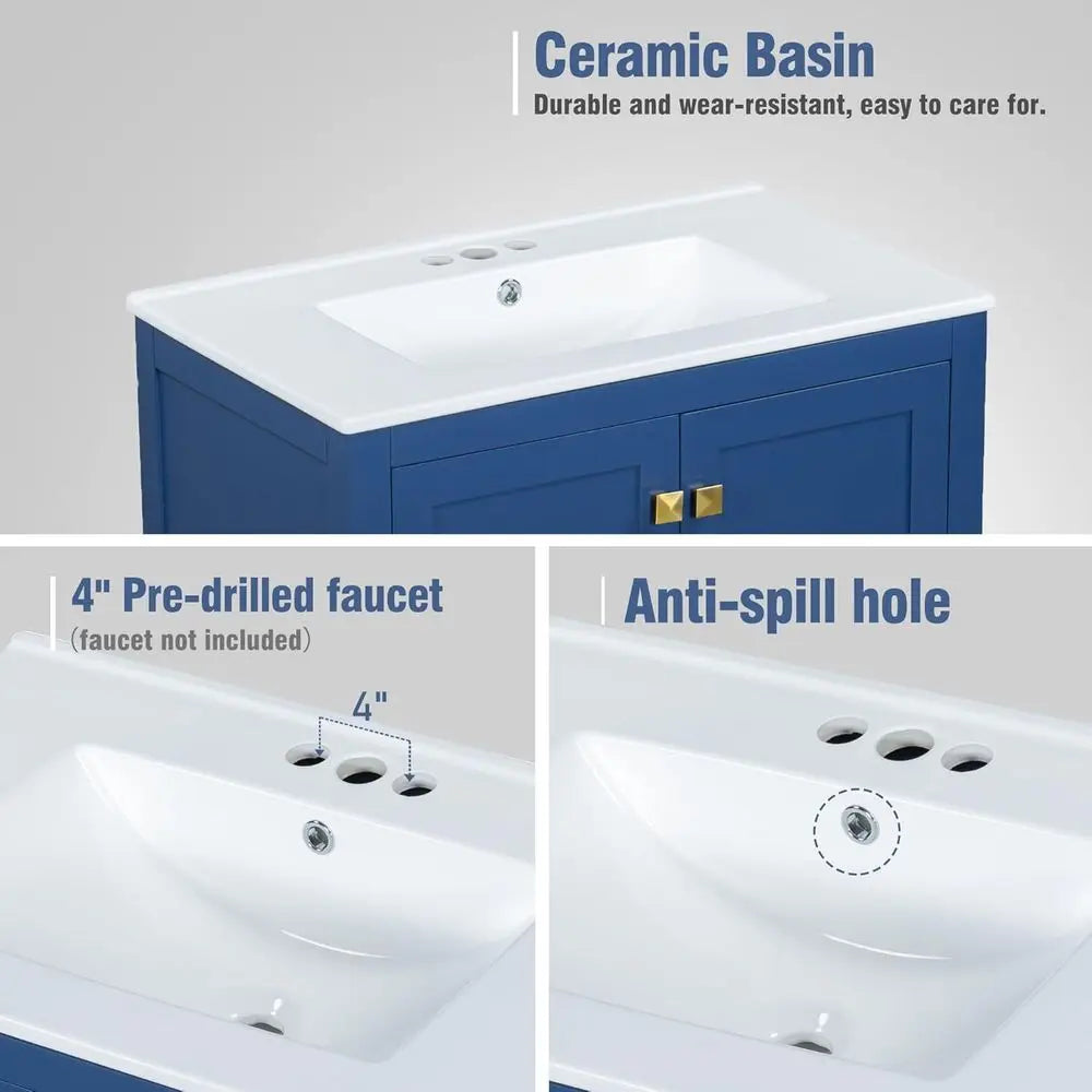 30 Solid Wood Blue Bathroom Vanity with Single Sink, Undermount Combo Cabinet, 2 Doors, Soft Close, Multifunctional Storage