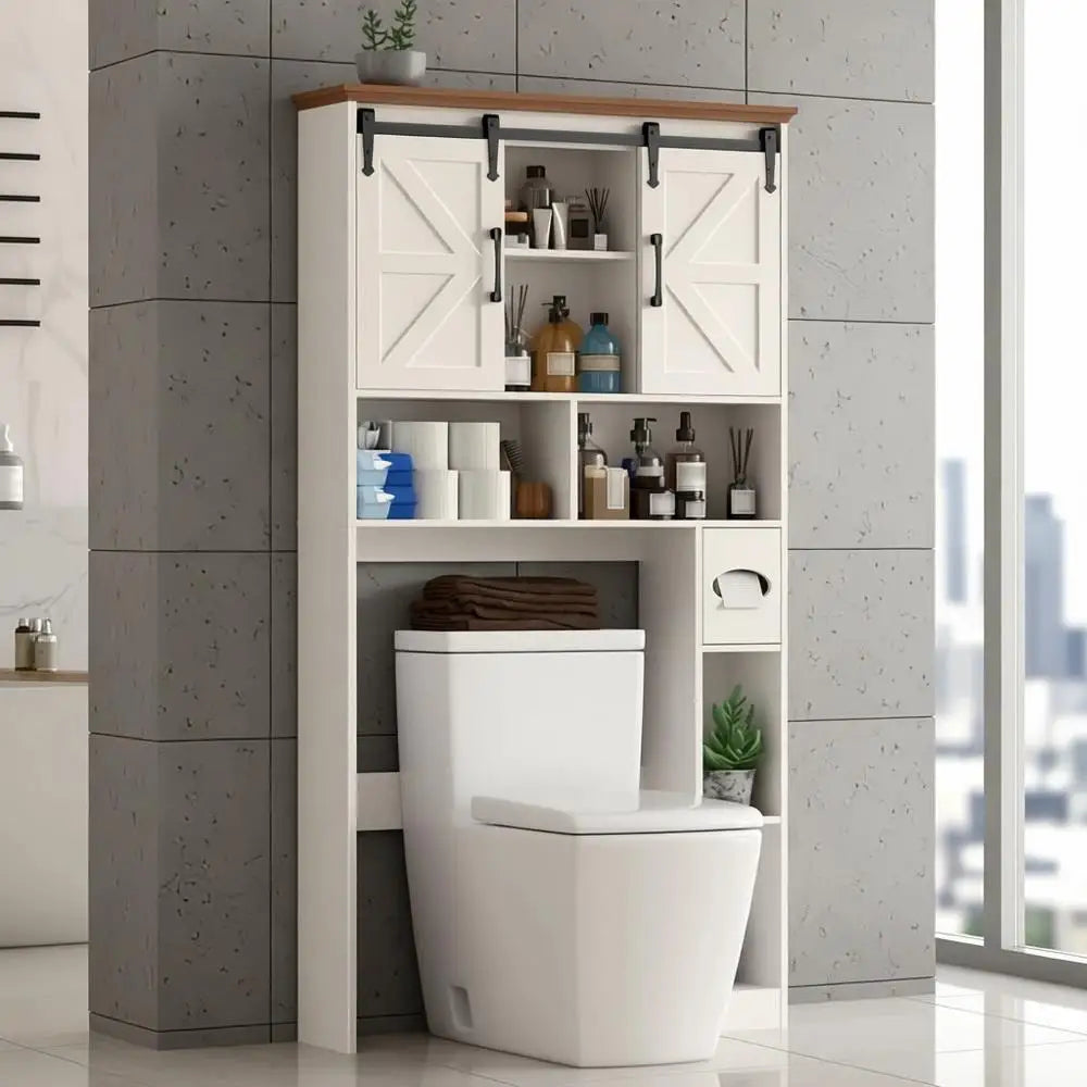 Space-Saving Toilet Storage Cabinet with Sliding Barn Doors, Bathroom Organizer featuring Toilet Paper Holder and Shelves for La