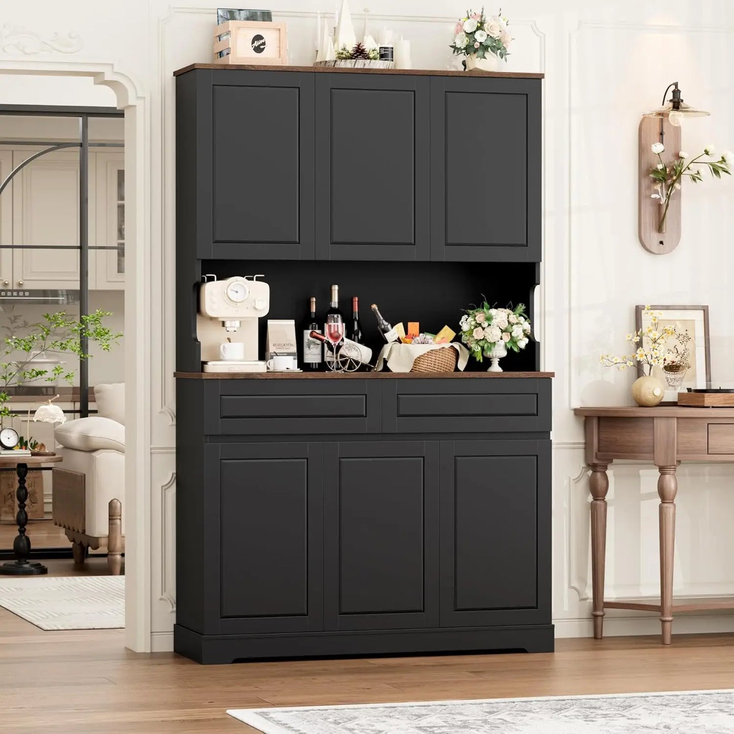 74" Pantry Cabinet, Tall Kitchen Pantry Cabinet with 6 Doors and 2 Drawers, Kitchen Hutch with Wide Countertop, Modern, Custom