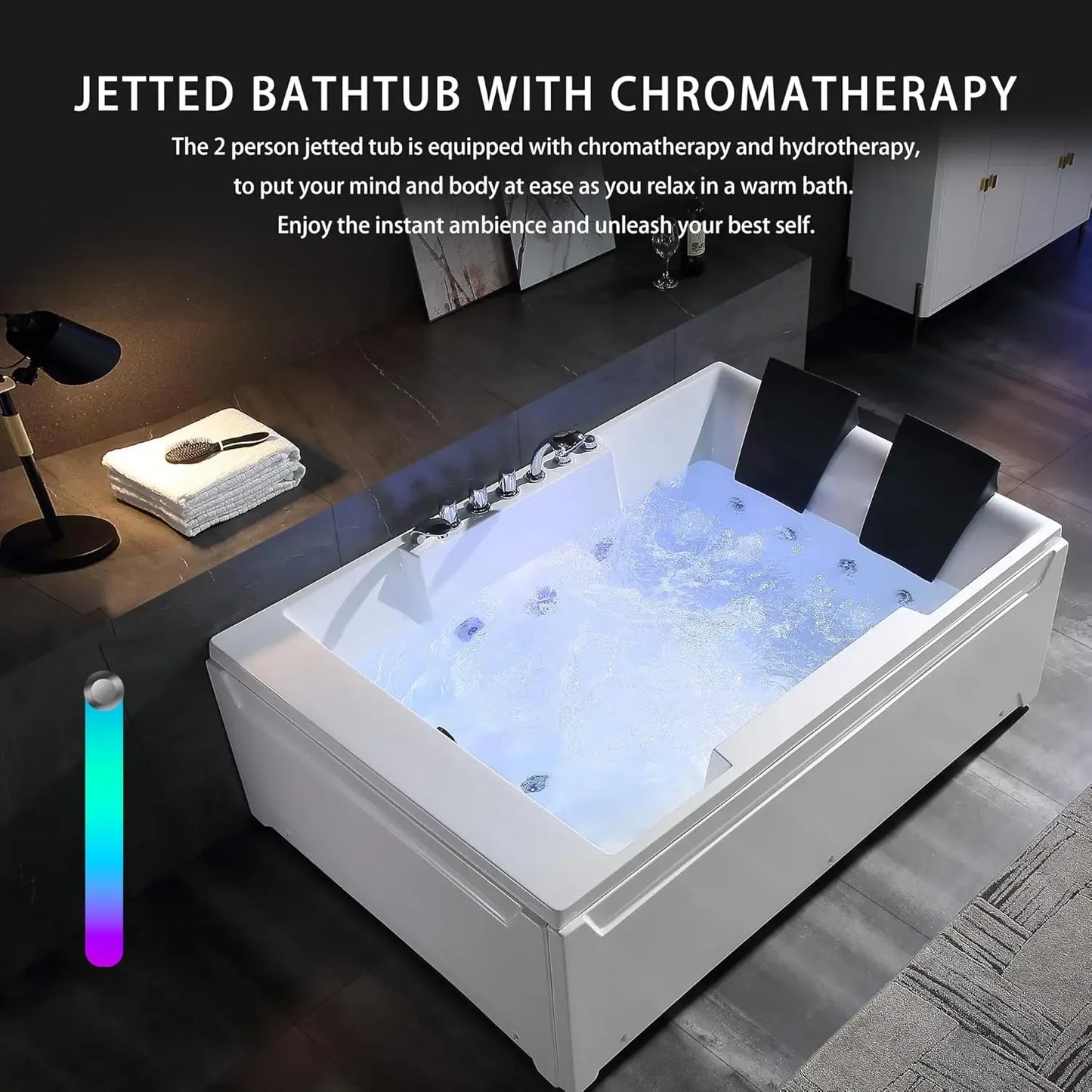 72-Inch Whirlpool Jetted Tub,Acrylic Hydro Massage Bathtub with 10 Jets,Alcove, Color-Changing LED Lights,2-Person Jetted Bath T