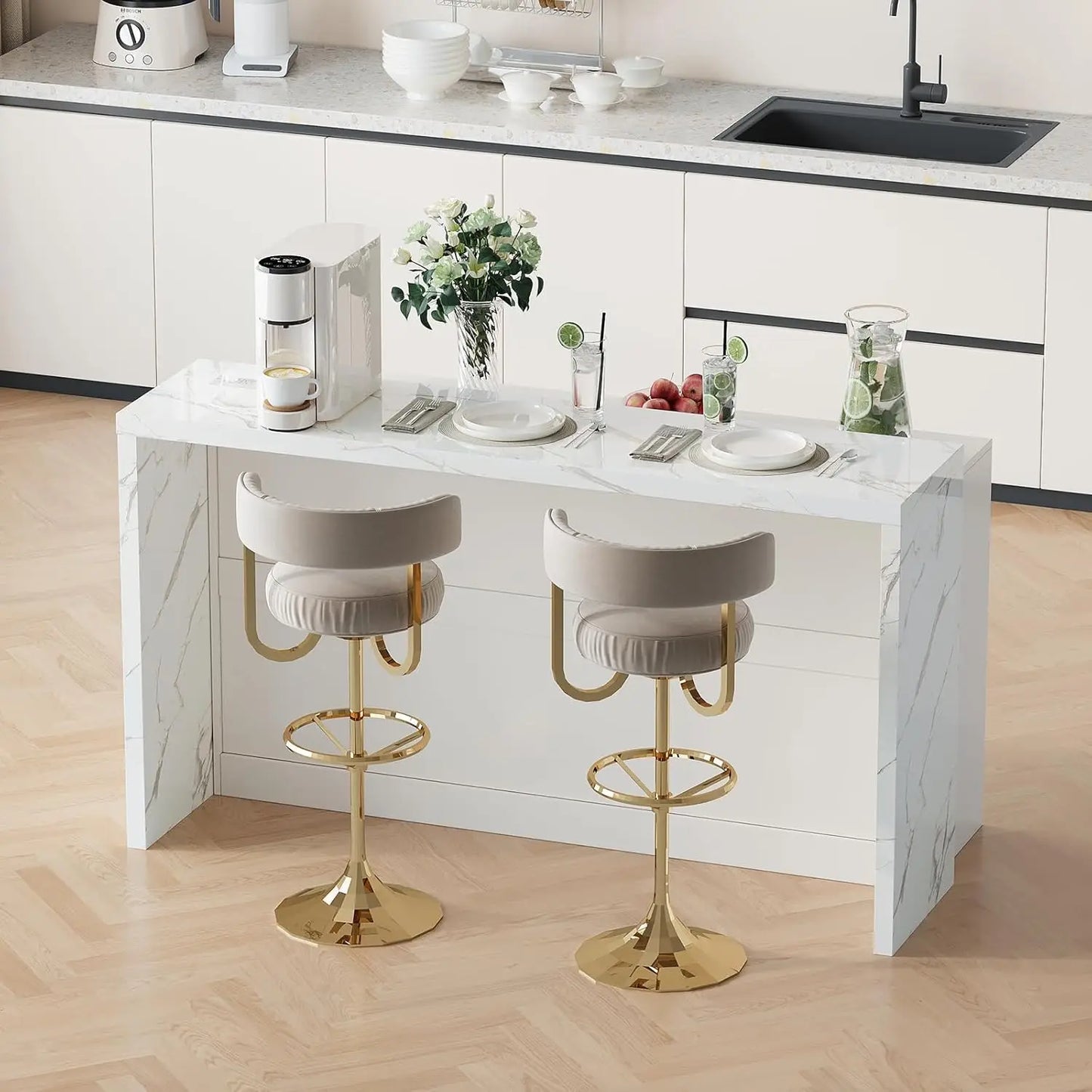 63" Kitchen Island with Storage, Island Table with Power Outlet & Trash Cabinet, Kitchen Island with Marble Countertop, Custom