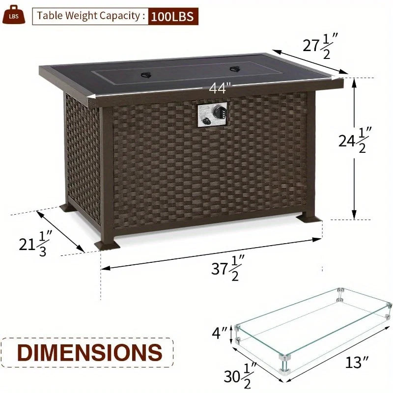 EROMMY 44in Outdoor Propane Gas Fire Pit Table - 50, 000 BTU Auto-Ignition, Glass Wind Guard, Brown PE Rattan
