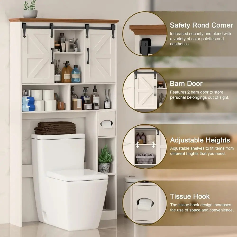 Space-Saving Toilet Storage Cabinet with Sliding Barn Doors, Bathroom Organizer featuring Toilet Paper Holder and Shelves for La