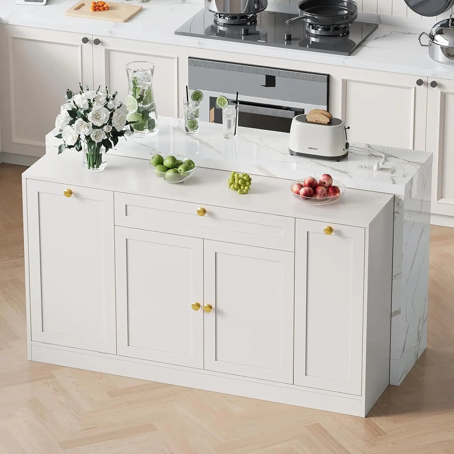 63" Kitchen Island with Storage, Island Table with Power Outlet & Trash Cabinet, Kitchen Island with Marble Countertop, Custom