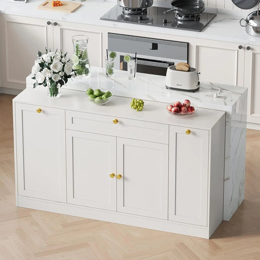 63" Kitchen Island with Storage, Island Table with Power Outlet & Trash Cabinet, Kitchen Island with Marble Countertop, Custom