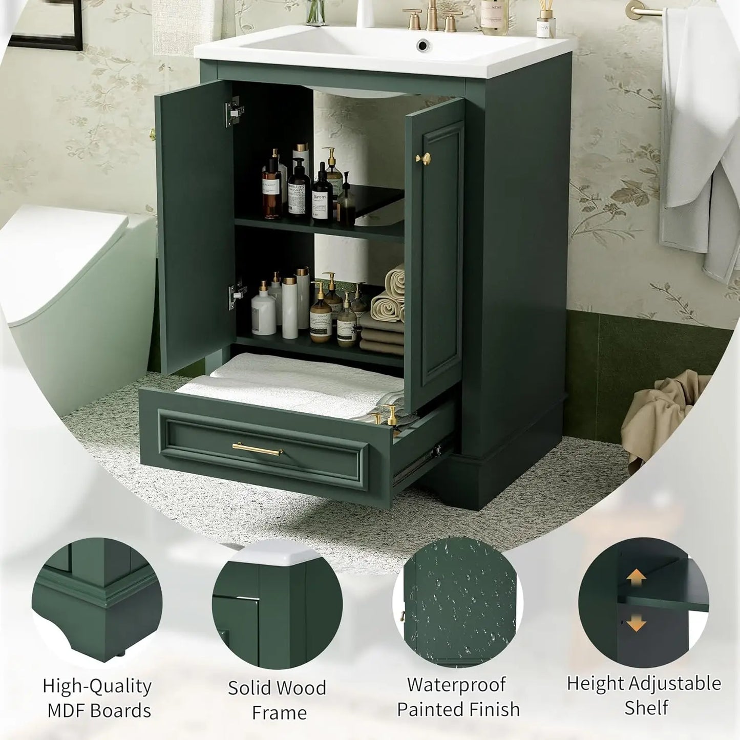 24in Wood Bathroom Vanity Cabinet with Ceramic Sink Adjustable Shelf Drawer, Customized
