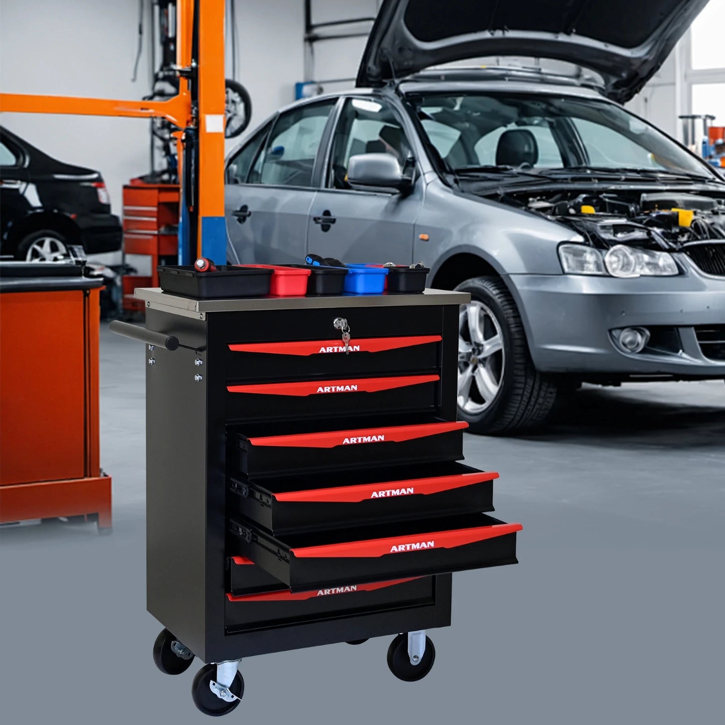 7 Drawer Rolling Tool Box Hardware Storage Tool Cabinet, Heavy Duty Steel Metal Cart, Lockable, Shop Garage NEW，red