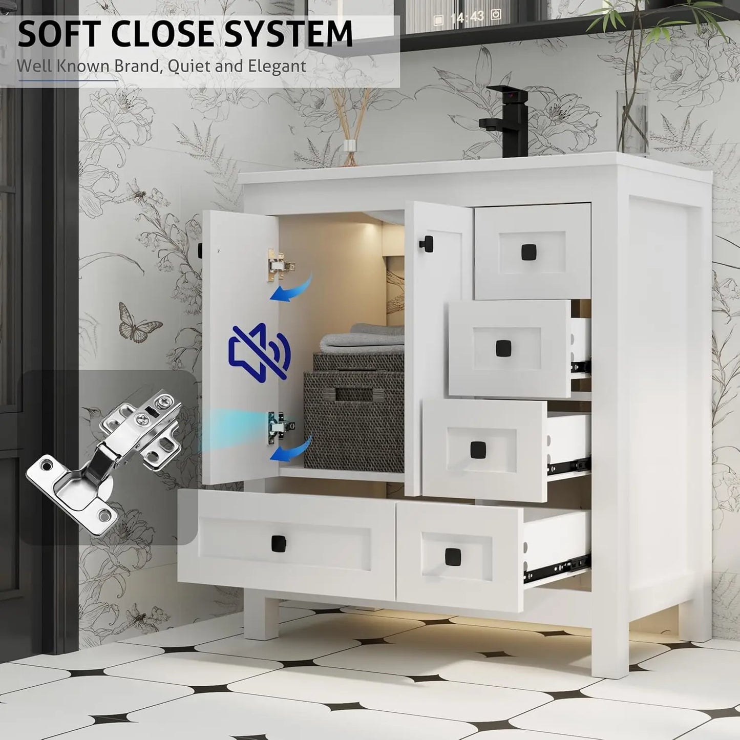 30" Bathroom Vanities with Sink Combo, Modern Thickened Wood Bathroom Storage Cabinet W/Undermount Sink,Matte Black Faucet Drain